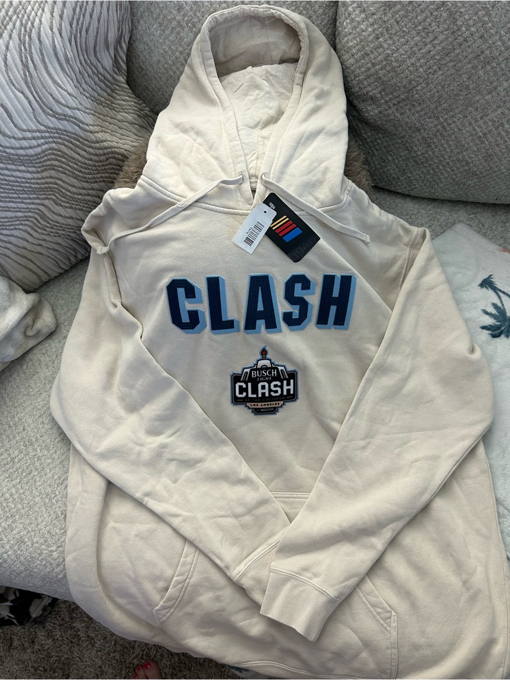 Nascar Cream Hoodie with Blue 'CLASH' Lettering